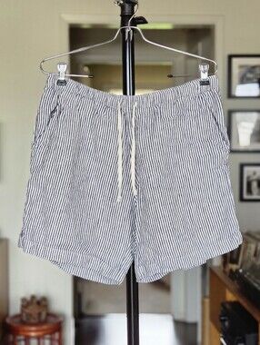 Alex Crane Bo Shorts - Navy & White Striped Linen Drawstring Shorts